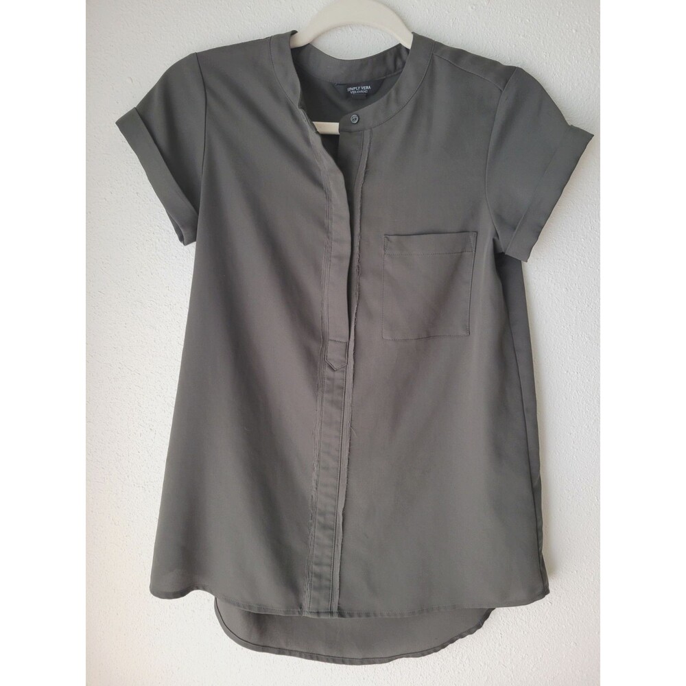 Simply Vera Vera Wang Womens XS Olive Green Tunic Shirt Raw Edge Hi Low Blouse